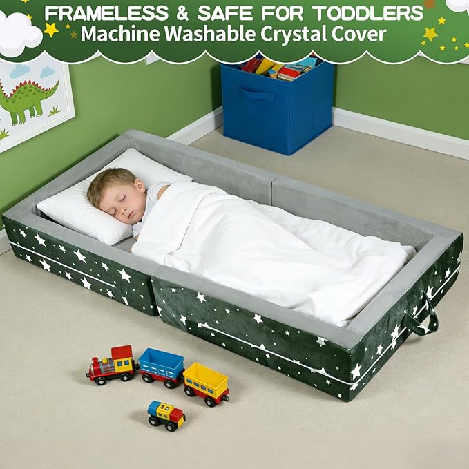 laapee Portable Toddler Travel Bed – Foldable Floor Bed for Toddlers 3-6 with 3.54" Soft Foam, 2-in-1 Travel Crib & Storage Box, Washable Cover, Grey | Easy Care