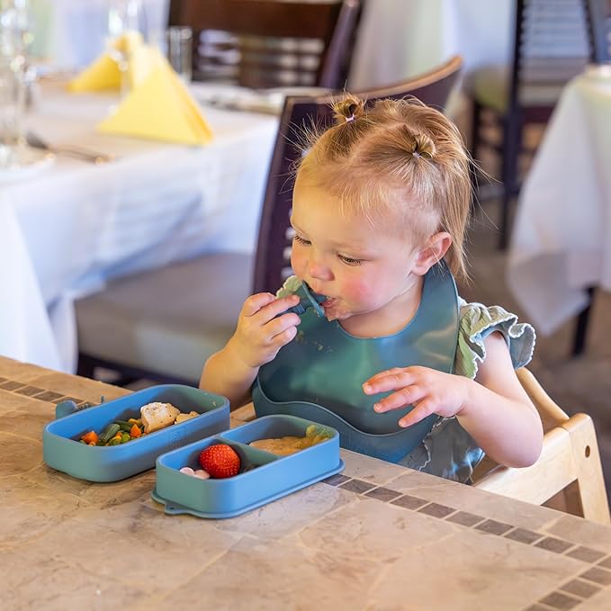 Travel Silicone Baby Feeding Essentials – Portable Toddler Plates with Suction, Soft Baby Spoon & Fork, Lightweight Foldable Silicone Bib & Waterproof Storage Bag – 6 Piece Set (dark blue)