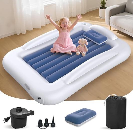 Deeteck Inflatable Toddler Travel Bed - 53 Inches Portable Toddler Bed for Travel with Safety Sides - Cozy Kids Air Mattress Set with High-Speed Pump & Carry Case - Lightweight & Easy to Inflate(Blue)
