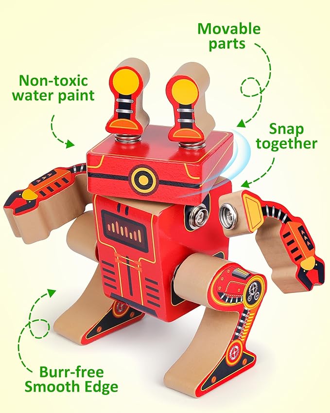 Coogam Fine Motor Building Robot Blocks for 3 4 5 Years Old Kids, Wooden Snap Together Builders, STEM Take Apart Robot Playset, Educational Learning Toy Gift for Boys Girls