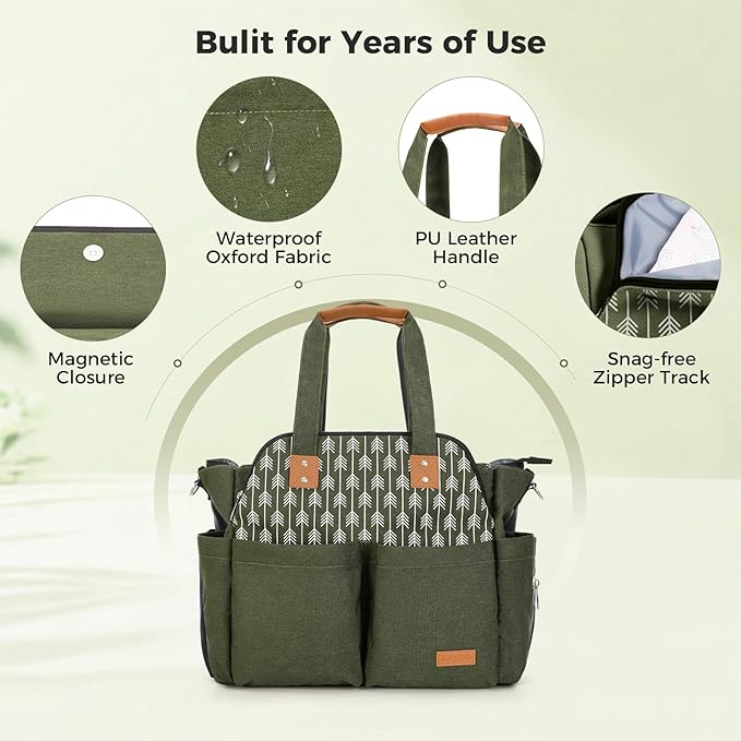 Lekebaby Diaper Bag Tote for Baby - 17 Pockets Large Travel Diaper Tote with Portable Changing Pad, Mom Crossbody Hospital Bag for Labor Delivery, Waterproof, Baby Essentials for Newborn Gifts, Green