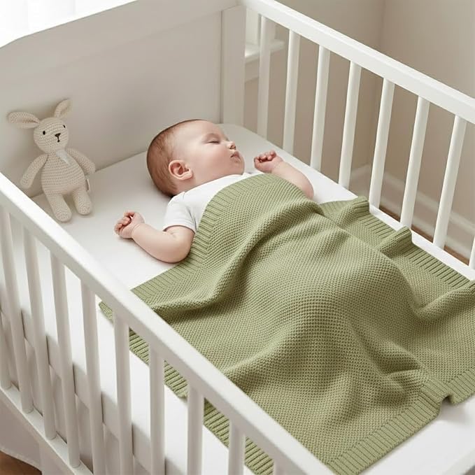 Grewear Baby Knit Blanket Soft Cotton Lightweight Newborn Blanket for Crib Stroller Toddler Nursery Shower Gift Cozy Breathable Travel Swaddle Wrap Sage Green 30 x 40 Inches
