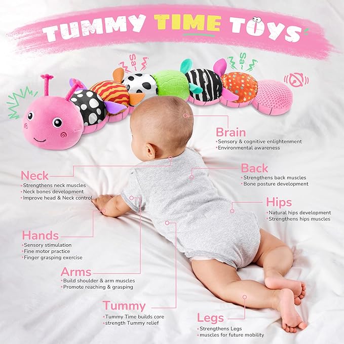 AWOTOY Baby Toys 6-12 Months Music Caterpillar,Stuffed Animals Infant Toys 0-3-6 Months,Baby Sensory Toys Tummy Time with Crinkle Rattle Teething Toys for Newborn Boys Girls Gifts Birthday|Rose Pink