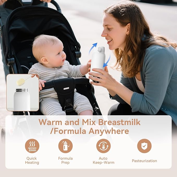 Portable Bottle Warmer for Travel - 3-Min Fast Heating for Breast Milk, Formula & Water, 17oz Large 316L Stainless Steel Flask, Long Battery Life, Precise Temp Control for Car/Airplane