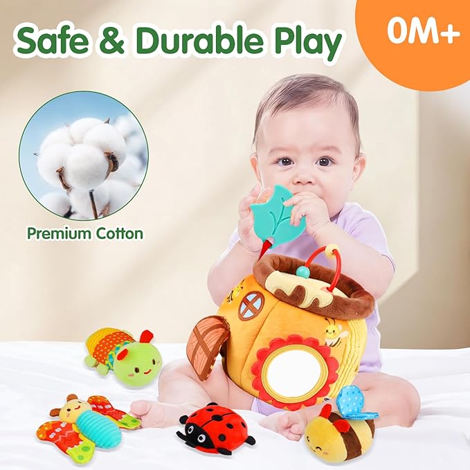 Baby Toys 6-12 Months - Soft Beehive with 5 Sensory Stuffed Animals, Rattle, Crinkle & Mirror, Montessori Toys for 6 7 8 9 10 Month Old Baby Boy Girl Valentines Gifts Easter Basket Stuffers Ages 0-2