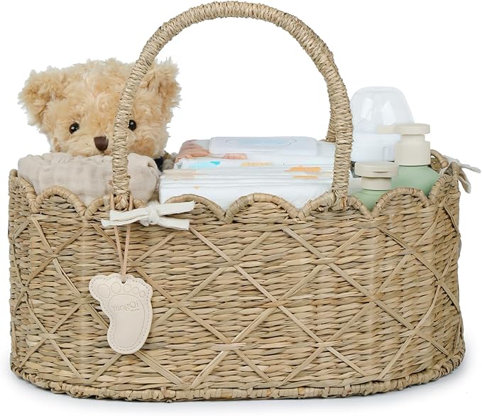 YANGQIHOME Diaper Caddy Organizer, Seagrass Nursery Baby Basket for Baby Essentials, Scalloped Wicker Diaper Caddy, Baby Shower Gifts (Diamond)