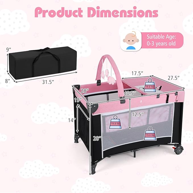 HONEY JOY Pack and Play, 4 in 1 Folding Infant Playpen with Bassinet, Quickly Assembled, Breathable Mesh Fabric, Carry Bag, Diaper Changing Table, Toys, Portable Crib for Babies & Toddlers (Pink)