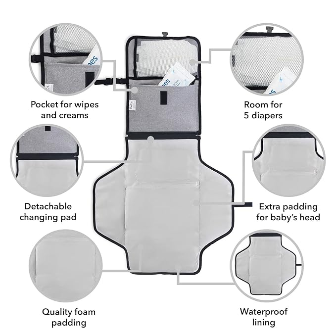 Comfy Cubs Baby Changing Pad Large Size - Waterproof Diaper Changing Mat with Cushioned Pillow - Soft & Lightweight, Foldable Design for Travel - Stylish Design for Boys and Girls - Solid Grey