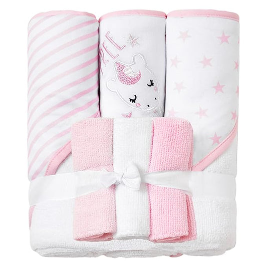 Viviland Baby Towels and Wash Cloths Set - Hooded Towels, Face Towels, Burp Cloths or Wipes - Absorbent Bath Towels - 6-Pack, Size 28 x 28 Inch (Pink Unicorn)