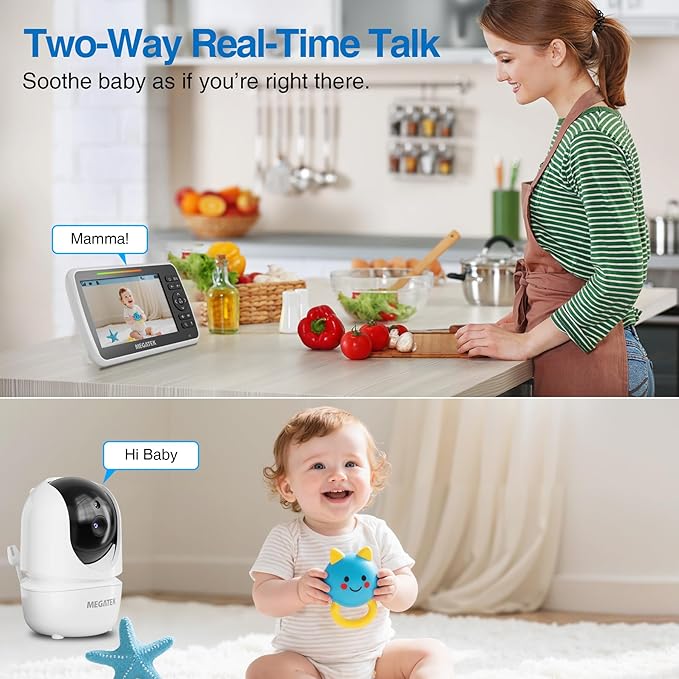 MEGATEK 5" Screen Video Baby Monitor with Audio and Pan-Tilt Camera, Night Vision, Temperature Alert & Two-WayTalk,ECO Mode, Brightness/Volume Control