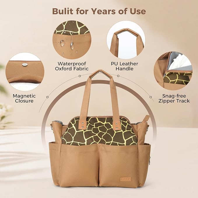 Lekebaby Diaper Bag Tote for Baby - 17 Pockets Large Travel Diaper Tote with Portable Changing Pad, Mom Crossbody Hospital Bag for Labor Delivery, Waterproof, Baby Essentials for Newborn Gifts, Brown