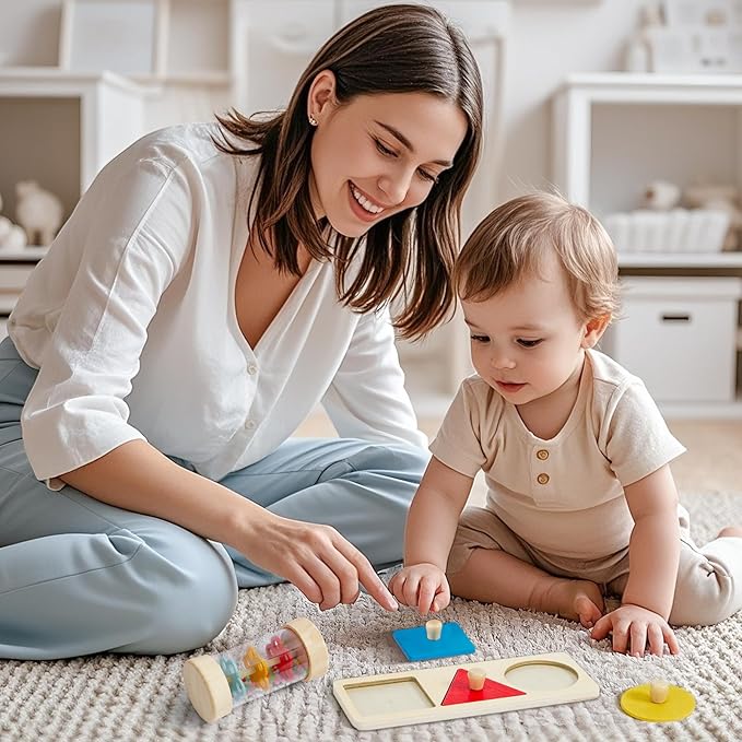 Toyssa Wooden Montessori Toys for Babies 6-12 months with Rainbow Color and Mirror Spinning Drum/Baby Shape puzzle 6-12 months/Sensory Toys Rain Rattle, Montessori Toys Gifts for Toddlers 1 Years Old