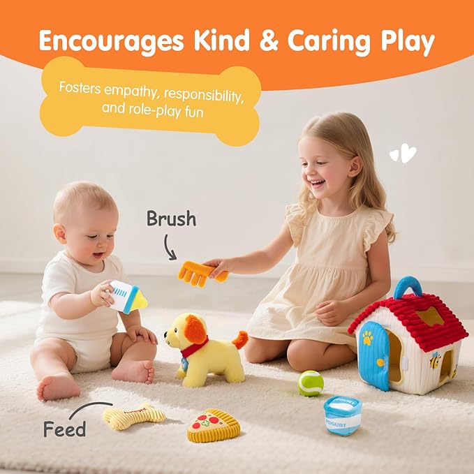 hahaland Baby Montessori Toys for 1 + Year Old – Puppy Plush Sensory Toy Set with Rattle, Crinkle, Mirror & Shape Sorter – Interactive Learning Pretend Play for Toddlers 1-3