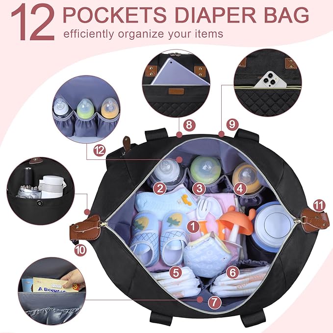 Diaper Bag Tote, Diaper Baby Bags with Pacifier Case, Shoulder Straps, Stroller Clips, Waterproof Large Mommy Maternity Travel Baby Tote for Mom and Dad, black