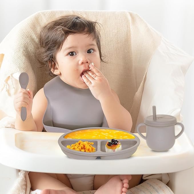 Dormlony 100% Silicone Baby Feeding Set, BPA Free, 9 Pcs: Suction Bowl, Divided Plate, Toddler Self Feeding Dish Set with Spoons, Forks, Sippy Cup, Bib, Beige