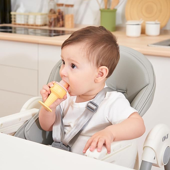 Smily Mia Baby Fruit Food Feeder & Freezer Teether Combo, ICY Bite Ice Cream Teether for Baby Cooling Relief, BPA Free Silicone Feeder for Safe Infant Self Feeding, 3 Month+,Cream White