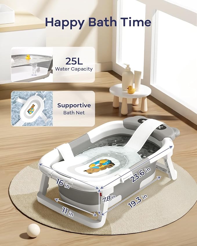 AVIDOR 2-in-1 Baby Bathtub with Stand for Newborn and Infants, Foldable Baby Bath Tub, Baby Shower Gifts for New Parents, Gray