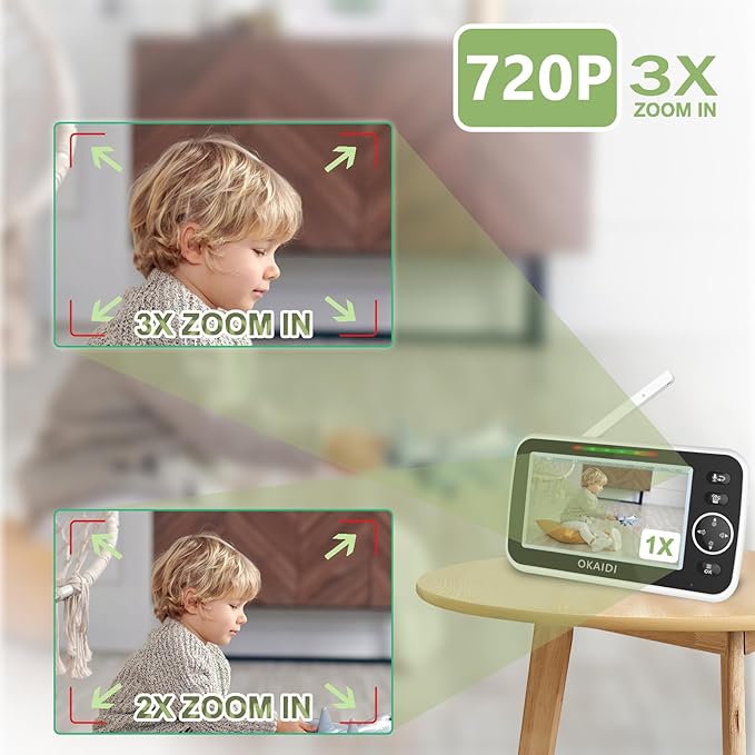 OKAIDI 5" HD Baby Monitor with Camera and Audio, 720P Display, 5000mAh Battery, Remote Pan-Tilt, 3X Zoom, Night Vision, 2-Way Talk, Temperature,Lullabies,1000ft Range Baby Monitor No WiFi