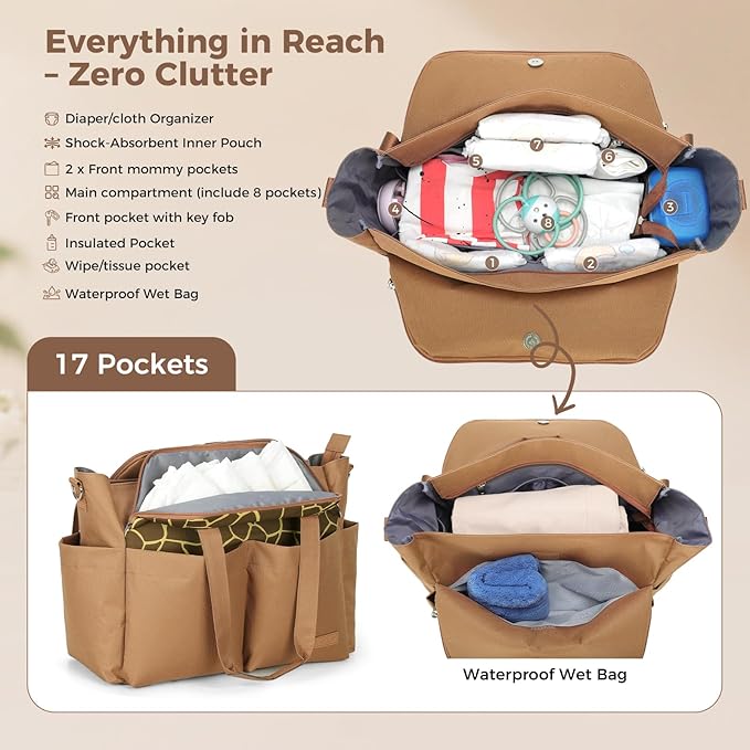 Lekebaby Diaper Bag Tote for Baby - 17 Pockets Large Travel Diaper Tote with Portable Changing Pad, Mom Crossbody Hospital Bag for Labor Delivery, Waterproof, Baby Essentials for Newborn Gifts, Brown