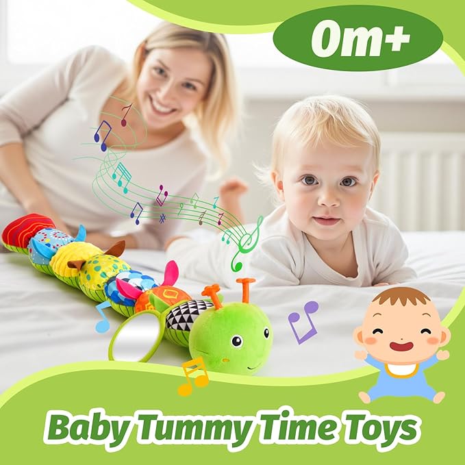 Baby Toys 0-6 Months, Musical Caterpillar Baby Rattle, Plush Sensory Toy with Mirror, Crinkle Textures, Newborn Developmental Tummy Time Stuffed Animal for Infants Boys Girls 6-12 Month (Green)