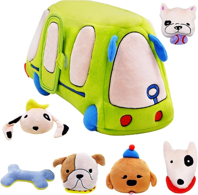 Baby Toys 6-12 Months - Sensory Toys Bus with Stuffed Puppies, Rattle, Crinkle Paper, Mirror & Squeaker, Montessori Toys for 6 Month Old Babies, Sensory Balls Toddlers 1-3