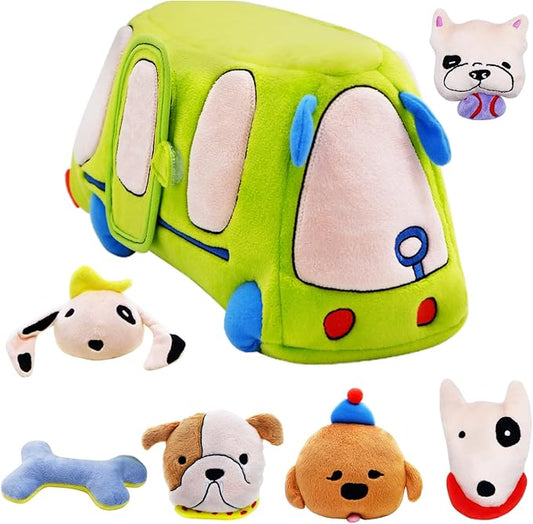 Baby Toys 6-12 Months - Sensory Toys Bus with Stuffed Puppies, Rattle, Crinkle Paper, Mirror & Squeaker, Montessori Toys for 6 Month Old Babies, Sensory Balls Toddlers 1-3