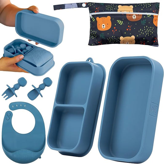 Travel Silicone Baby Feeding Essentials – Portable Toddler Plates with Suction, Soft Baby Spoon & Fork, Lightweight Foldable Silicone Bib & Waterproof Storage Bag – 6 Piece Set (dark blue)