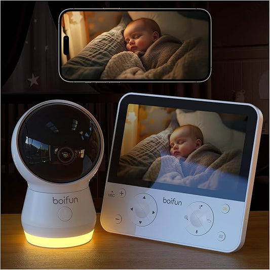 BOIFUN 5.5" AI 4MP Baby Monitor Pro Max: App (Wi-Fi) and Monitor (No Wi-Fi) Control, Upgrade AI Detection (Tummy Sleeping & Face Area), Colorful Night Light, 360° Camera, Motion & Sound Detection