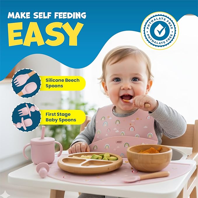 Bamboo & Silicone Baby Feeding Set 8 PCS | Baby Led Weaning Supplies Self Feeding | Divided Suction Plate Bowl Bib Sippy Cup with Straw Utensils Baby Bowls and Spoons Toddler Feeding Set (Pink)