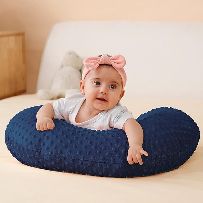 QUENESS Nursing Pillow and Positioner, Breastfeeding, Bottle Feeding, Baby Sitting Support with Removable Ultra Soft Cover, Tummy Time Support for Baby Boys and Girls (Estate Blue)