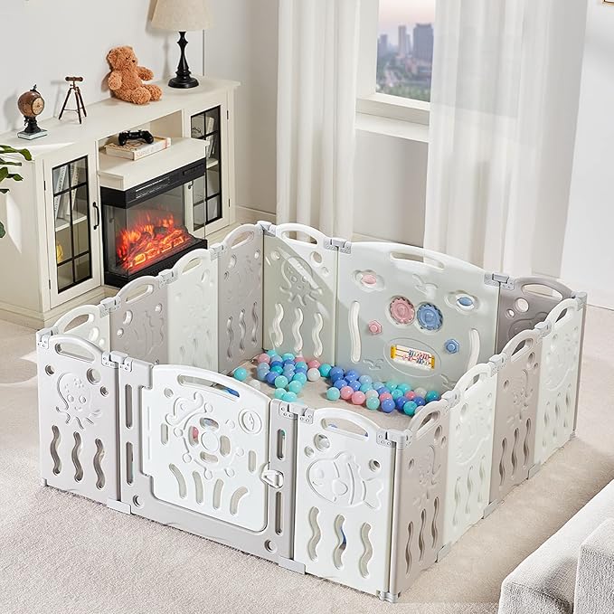 Albott Baby Playpen, Upgraded 14 Panels Foldable Baby Fence with Game Panel and Safety Gate, Adjustable Shape, Portable Play Yards for Children Toddlers Indoors or Outdoors (White+Grey,14 Panel)