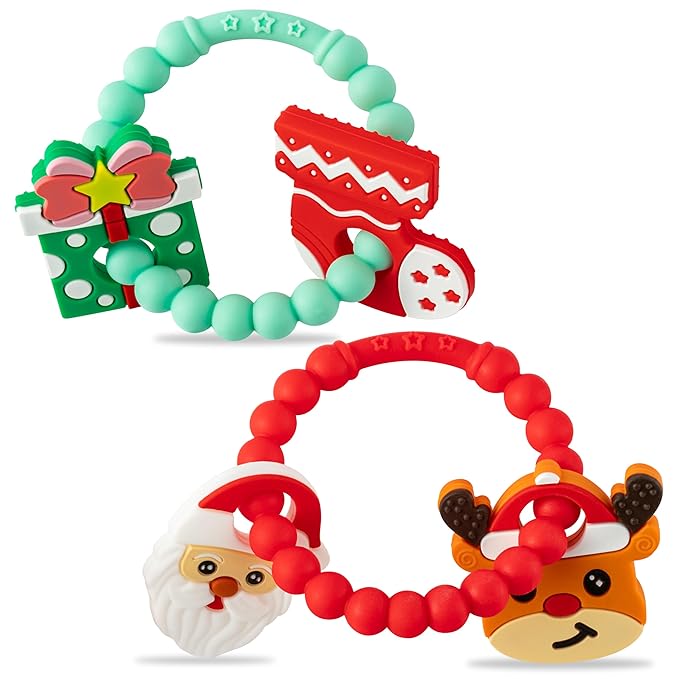 Christmas Baby Silicone Teether Toys - 2ooya 2Pcs Deer Gift Teething Ring Infant Soft Teether Toddler Sensory Chew Toy with Rattles for Newborn to Soothe Sore Gums The First Christmas Gifts for Babies