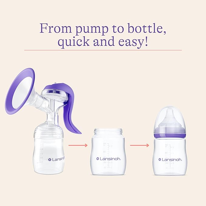 Lansinoh Manual Breast Pump, Hand Pump with Comfortable Flange, Includes 5oz Baby Bottle with Slow Flow Nipple, Breastfeeding Essentials