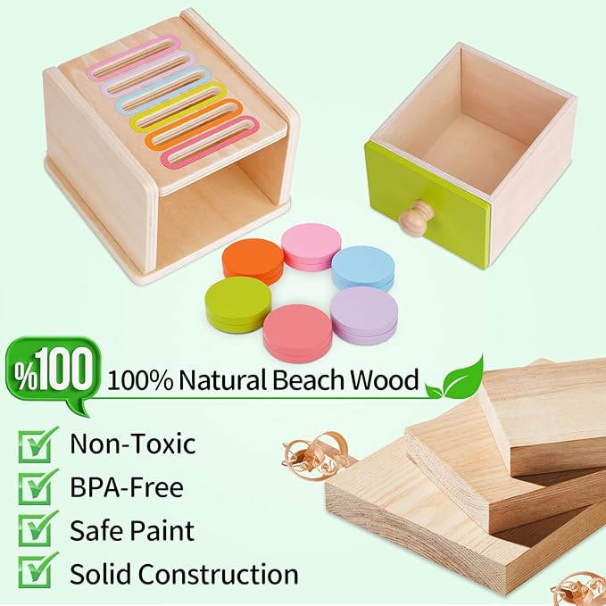 FCSONU Toddlers Montessori Coin Box Toys for 1 2 3 Year Old, Wooden Baby Toys for Toddlers 1-3, Color Sorting & Stacking Sensory Toys for Ages 2-4 Kids, Easter Birthday for Boys Girls