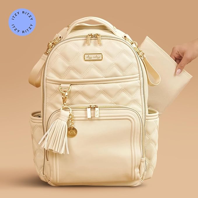Itzy Ritzy Diaper Bag Backpack – Large Capacity Boss Plus Baby Backpack Diaper Bag Featuring 19 Pockets, Changing Pad, Stroller Clips, and Comfortable Straps (Milk & Honey)