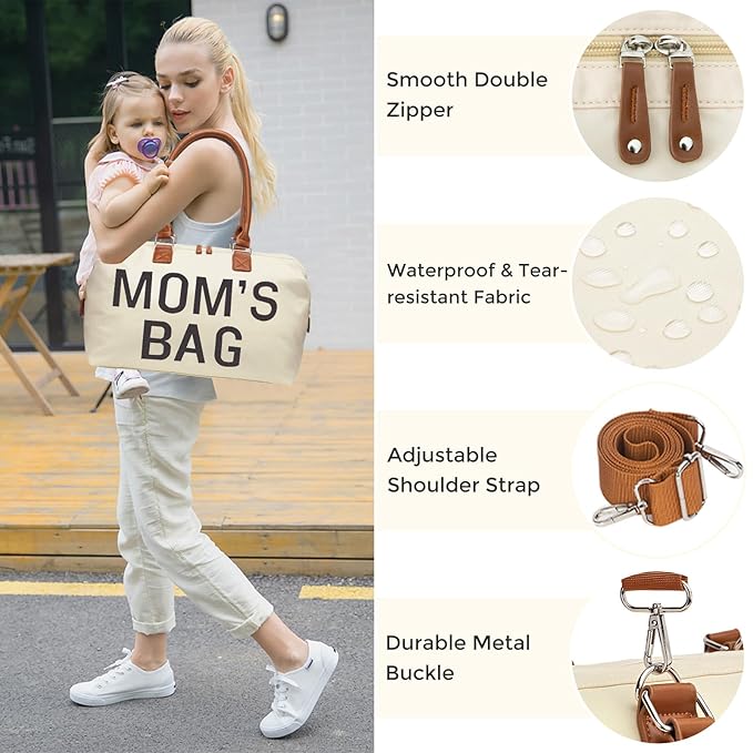 printe Diaper Bag Tote, Mom's Bag for Hospital, Large Capacity Waterproof Baby Mom Travel, Hospital Tote for Labor and Delivery with Baby Necessities, Creamy White