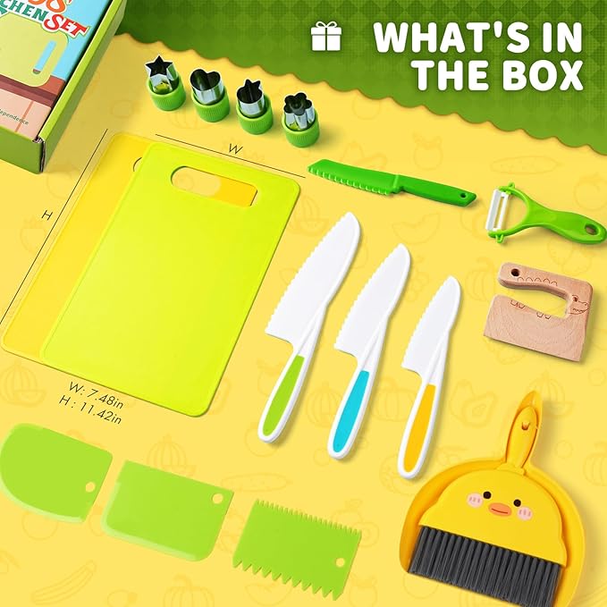 Kids Kitchen Tools,18 Pieces Toddler Cooking Sets Real-Montessori Cooking Set for Toddlers Kids Chef Set with Children Safe Knives Cutting