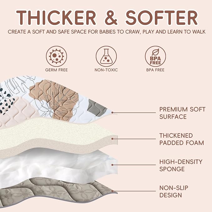 TreeBud Baby Play Mat - Thicken 71x59 Inch Soft Foam Crawling Mat for Playpen & Floor, Non-Slip Waterproof Activity Playmats for Infants & Toddlers, Portable Foldable & Machine Washable, Boho Design