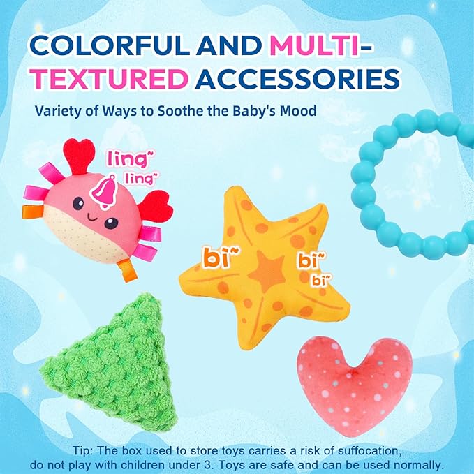 Jollybaby Activity Pull String Hanging Toy for Baby Stroller Car Seat Crib Play Gym, Plush Stuffed Ocean Whale Toy for Carseat with Teether Rattles, Montessori Sensory Toy for Baby Gift