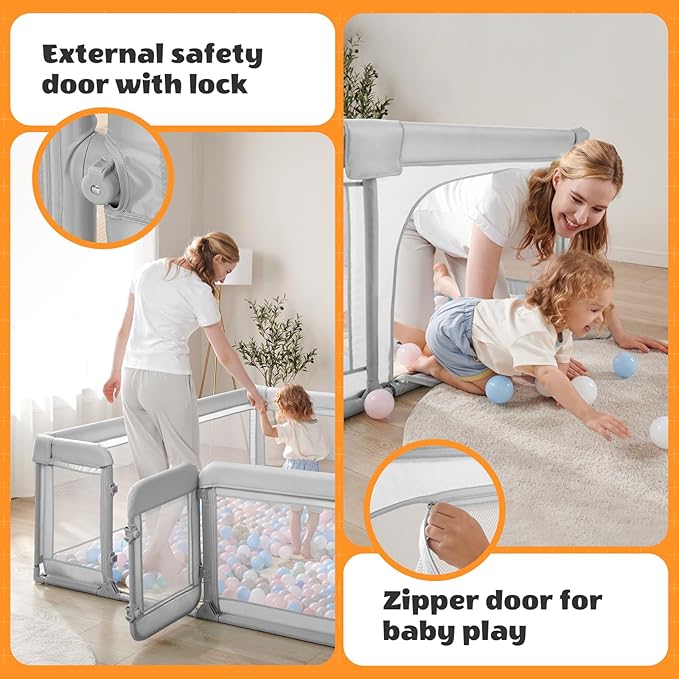 Baby Playpen,Extra Large Playpen for Babies and Toddlers, Sturdy Play Pen Play Yard with Safety Gate,79”x59”Baby Play Pen(Light Grey)