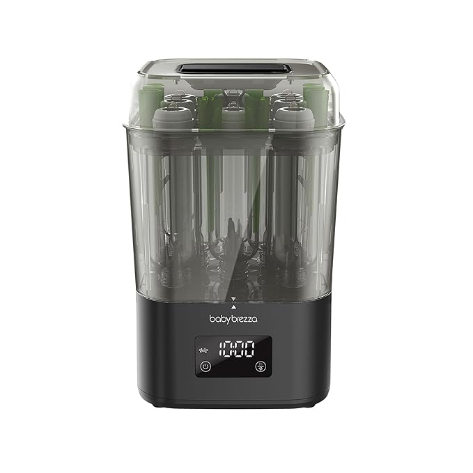 Baby Brezza 10 Minute SuperQuick Bottle Sterilizer + Dryer - Large 8 Bottle Capacity - Steam Sanitization – Universal Fit for All Bottles: Plastic + Glass + Pacifiers + Breast Pump Parts, Matte Black