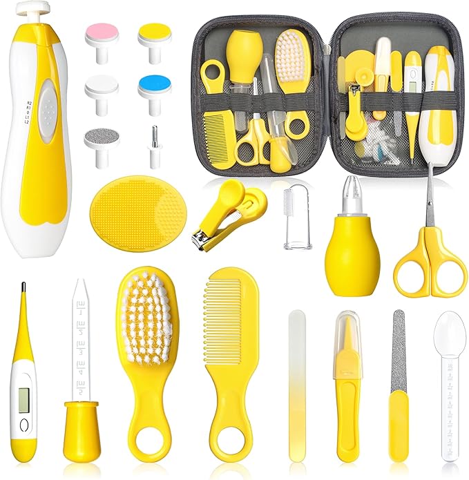 Baby Healthcare and Grooming Kit, 21pcs Baby Electric Nail Trimmer Set Newborn Nursery Health Care Set for Newborn Infant Toddlers Baby Boys Girls Kids Haircut Tools (21 Kits Yellow)
