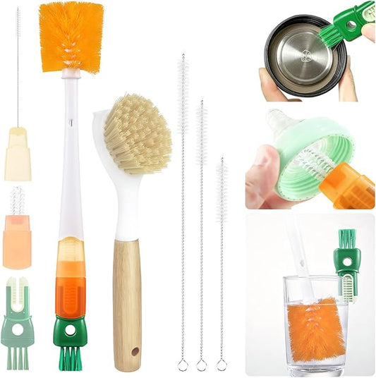 XYFuuee 5 Pack Dish Bottle Brush Set with 5-in-1 Cup Cleaning Brush, Dish Scrub Long Handle Brush with Scraper Tip, 3 Straw Cleaner Brushes, Washing Kitchen Sink Pot Pan Water Bottle Stove