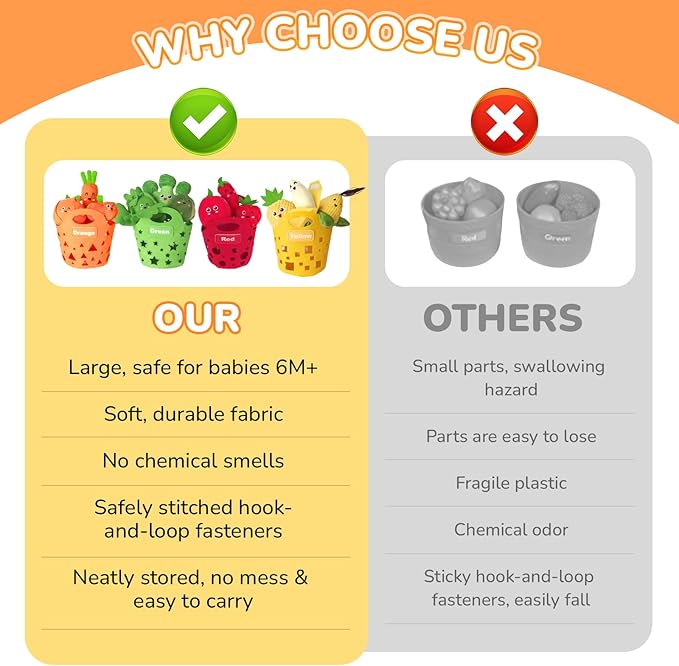 Baby Sensory Toys - Plush Color Sorting Fruit Veggie Baby Toys 6-12 Months, Pretend Play Food with Rattle Crinkle for Toddlers 1-3, Birthday Valentines Day Easter Gift for 1 Year Old Boys Girls