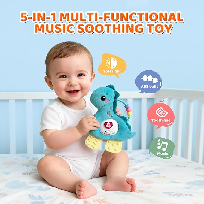 Baby Musical Activity Soft Toys with Sound & Light, Sensory Toys for Infant Developmental with Teether, Rattle and Textures, Soft Plush Toy for Newborn Gift 6 to 12 Months (Blue Dinosaur)