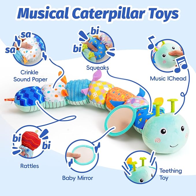 Baby Toys 0-6 Month, Musical Caterpillar Baby Rattle, Plush Sensory Toy with Mirror, Crinkle Textures, Newborn Developmental Tummy Time Stuffed Animal for Infants Boys Girls 6-12 Months (Blue)