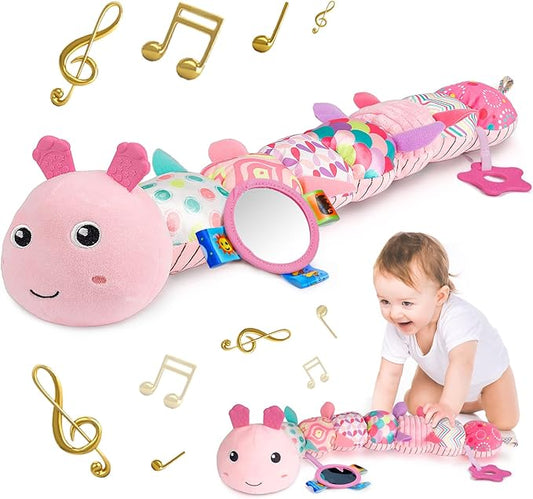 Sumobaby Infant Baby Musical Stuffed Animal Activity Soft Toys with Multi-Sensory Crinkle, Rattle and Textures, for Tummy Time 0-3-6-12 Months Girls, Caterpillar, Pink with Mirrow