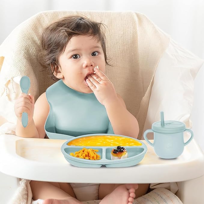 Dormlony 100% Silicone Baby Feeding Set,BPA Free Baby Dishes Set with Suction Bowl Divided Plate,Toddler Self Feeding Dish Set with Spoons Forks Sippy Cup and Bib, Baby Eating Utensils(Light Blue)