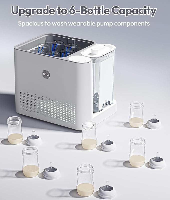 NCVI Baby Bottle Washer Sterilizer and Dryer Pro, Holds 6 Bottles & Pump Parts, Large Steam Sanitizer Cleaning Machine for All Bottles, 4 in 1(Wash|Sterilize|Dry|Storage), 19/49min Washing time