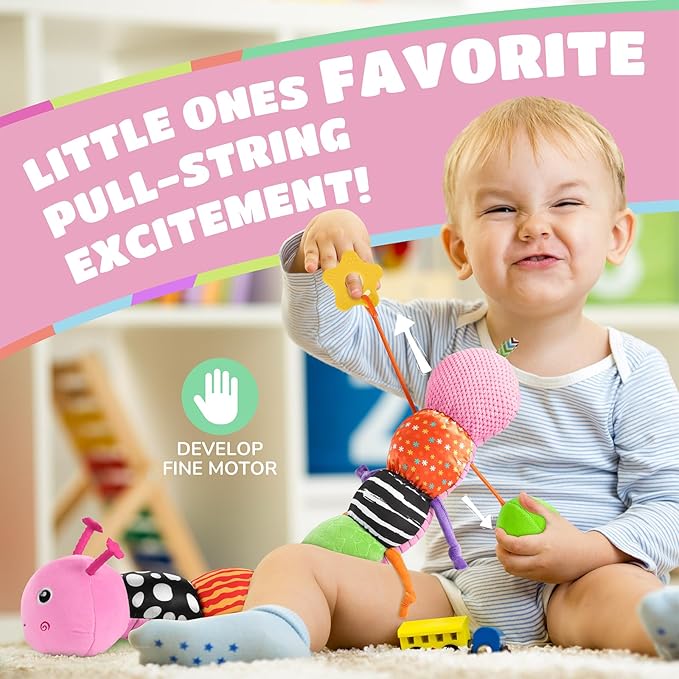 AWOTOY Baby Toys 6-12 Months Music Caterpillar Infant Toys Stuffed Animals 0-3-6 Months Teething Tummy Time Sensory Toys with Mirror Rattle&Pull String for Boys Girls Birthday Gifts|Pink,Knot Limb